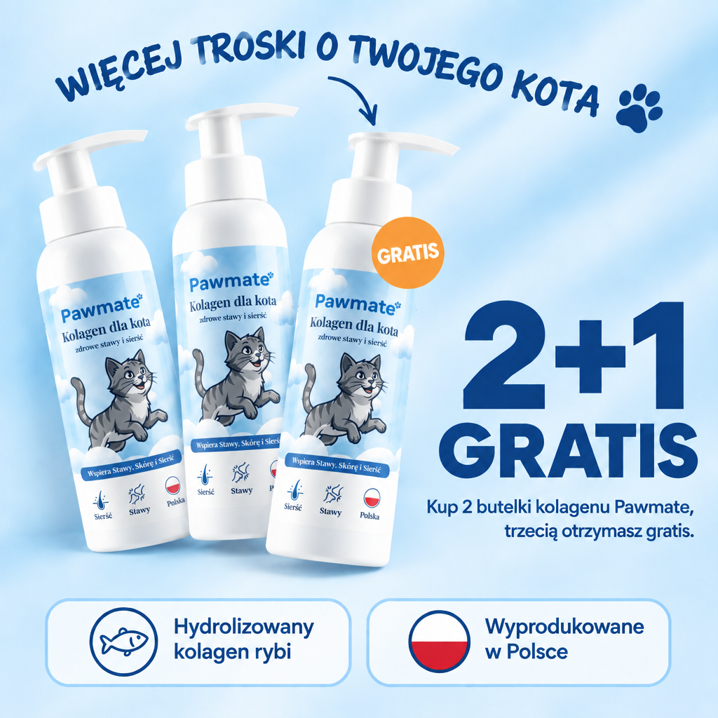 Pawmate Kolagen dla Kota – pakiet 2+1 gratis: kup 2 butelki, trzecią otrzymasz gratis
