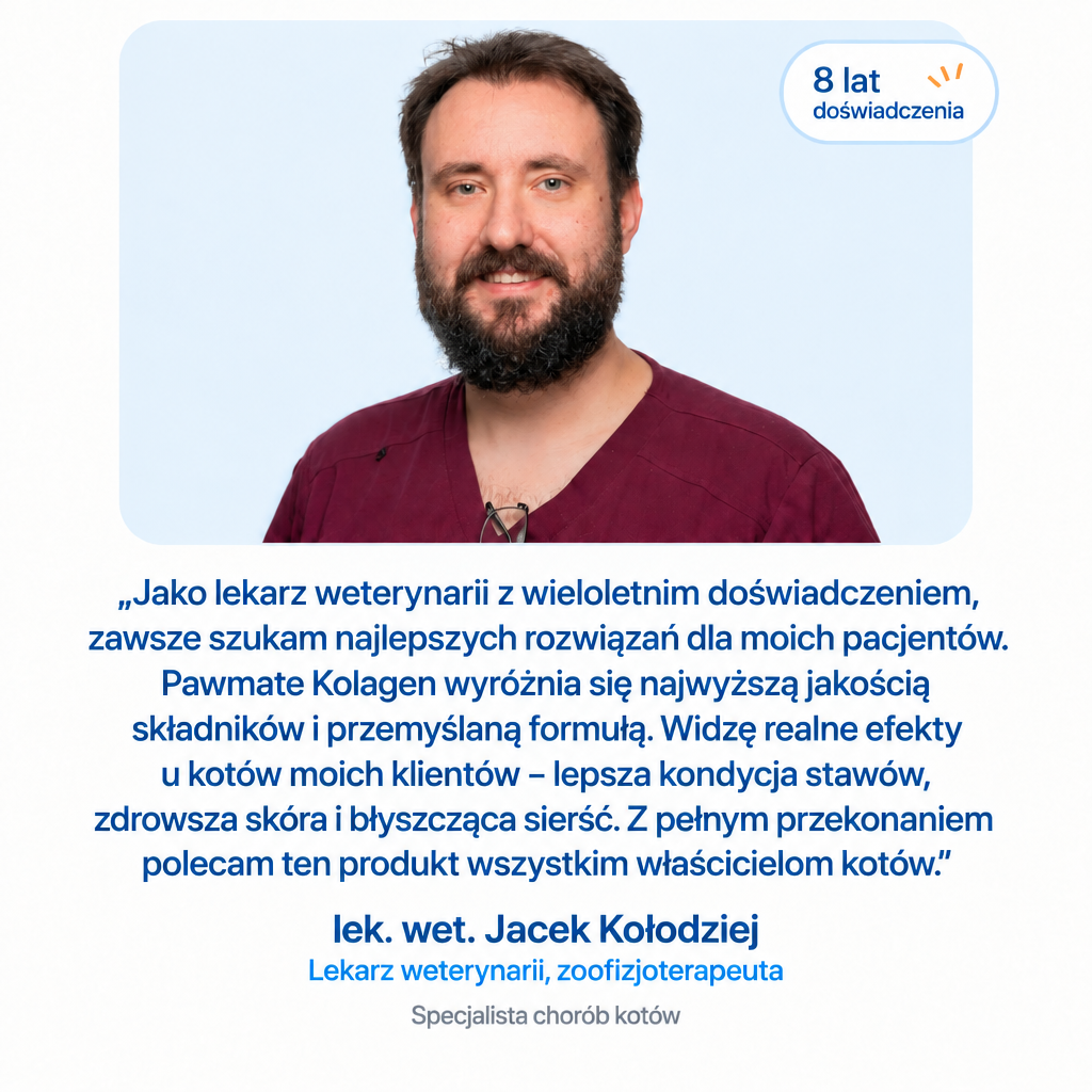 Opinia lekarza weterynarii o Pawmate Kolagen dla Kota