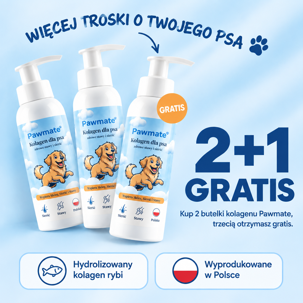 Pawmate Kolagen dla Psa – pakiet 2+1 gratis: kup 2 butelki, trzecią otrzymasz gratis