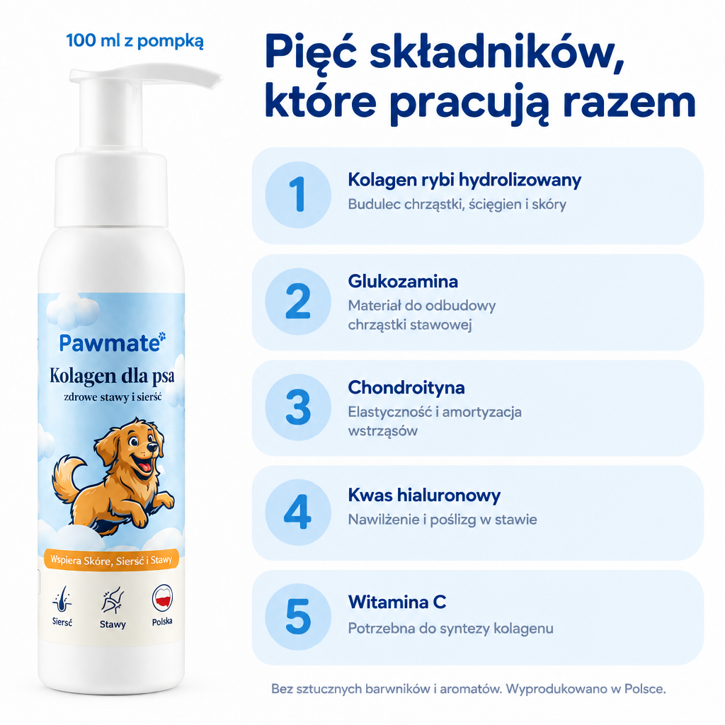 Skład Pawmate Kolagen dla Psa – kolagen rybi, glukozamina, chondroityna, kwas hialuronowy, witamina C