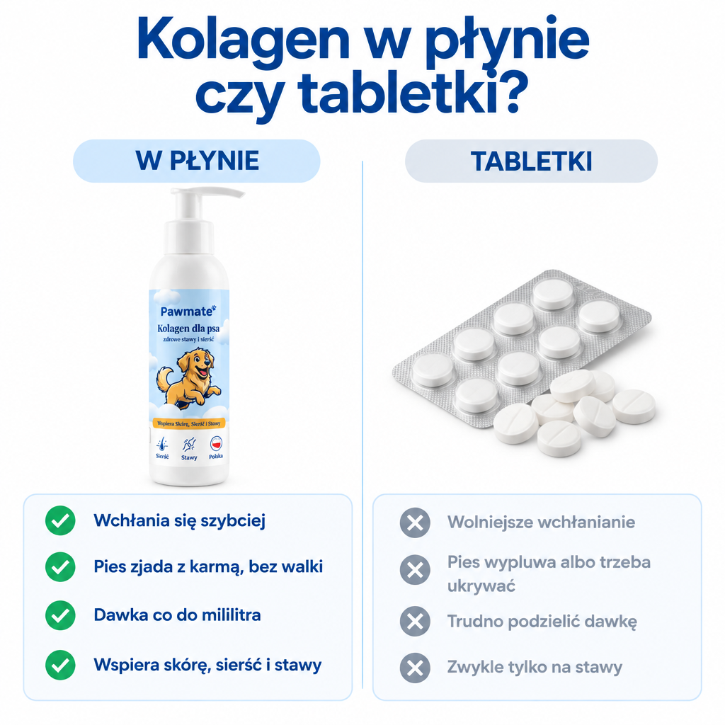 Kolagen dla psa w plynie czy tabletki - porownanie